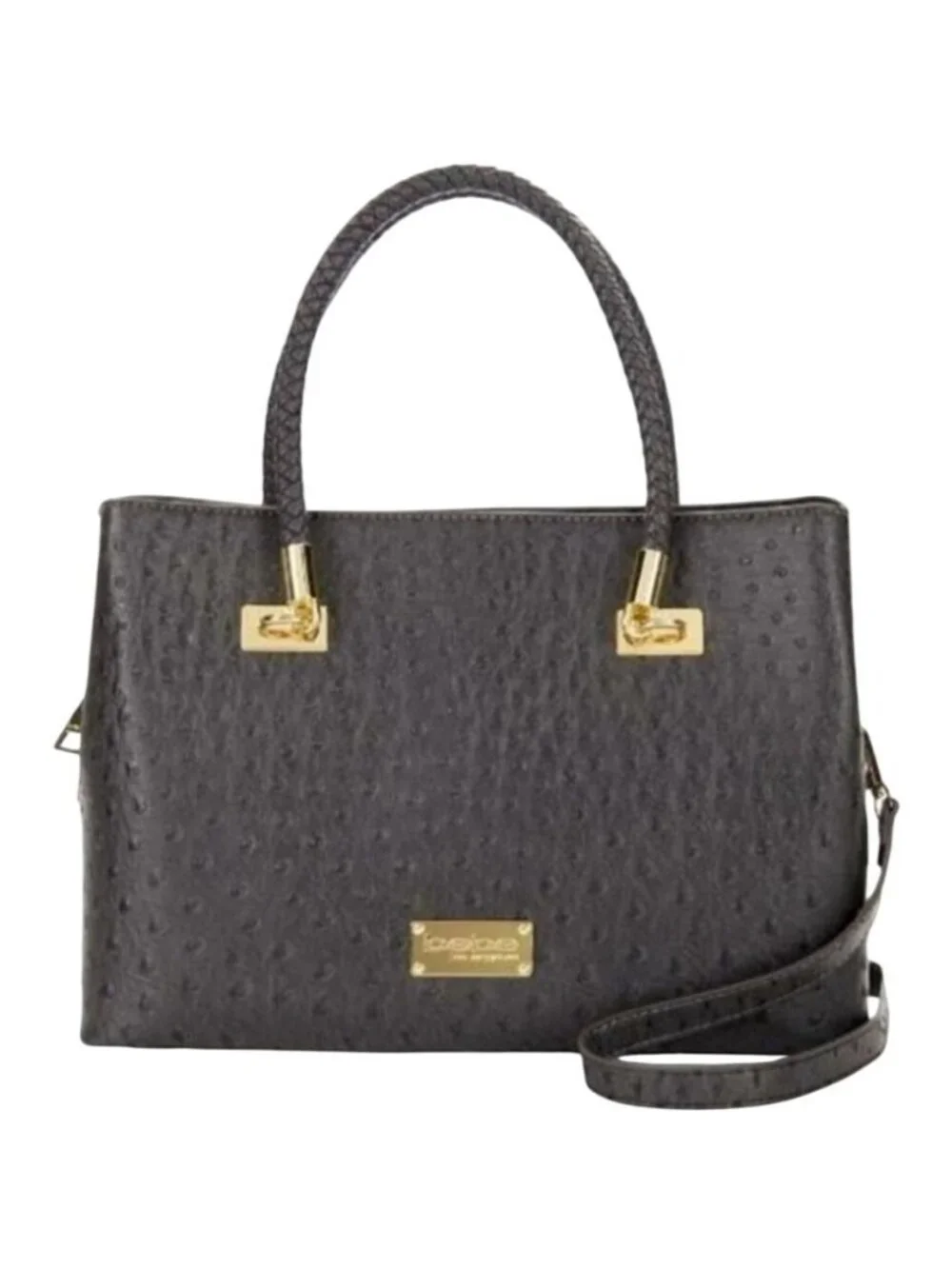 Bebe Jackie Ostrich Grey Satchel Bag Purse Braided Handles Crossbody Strap Gold